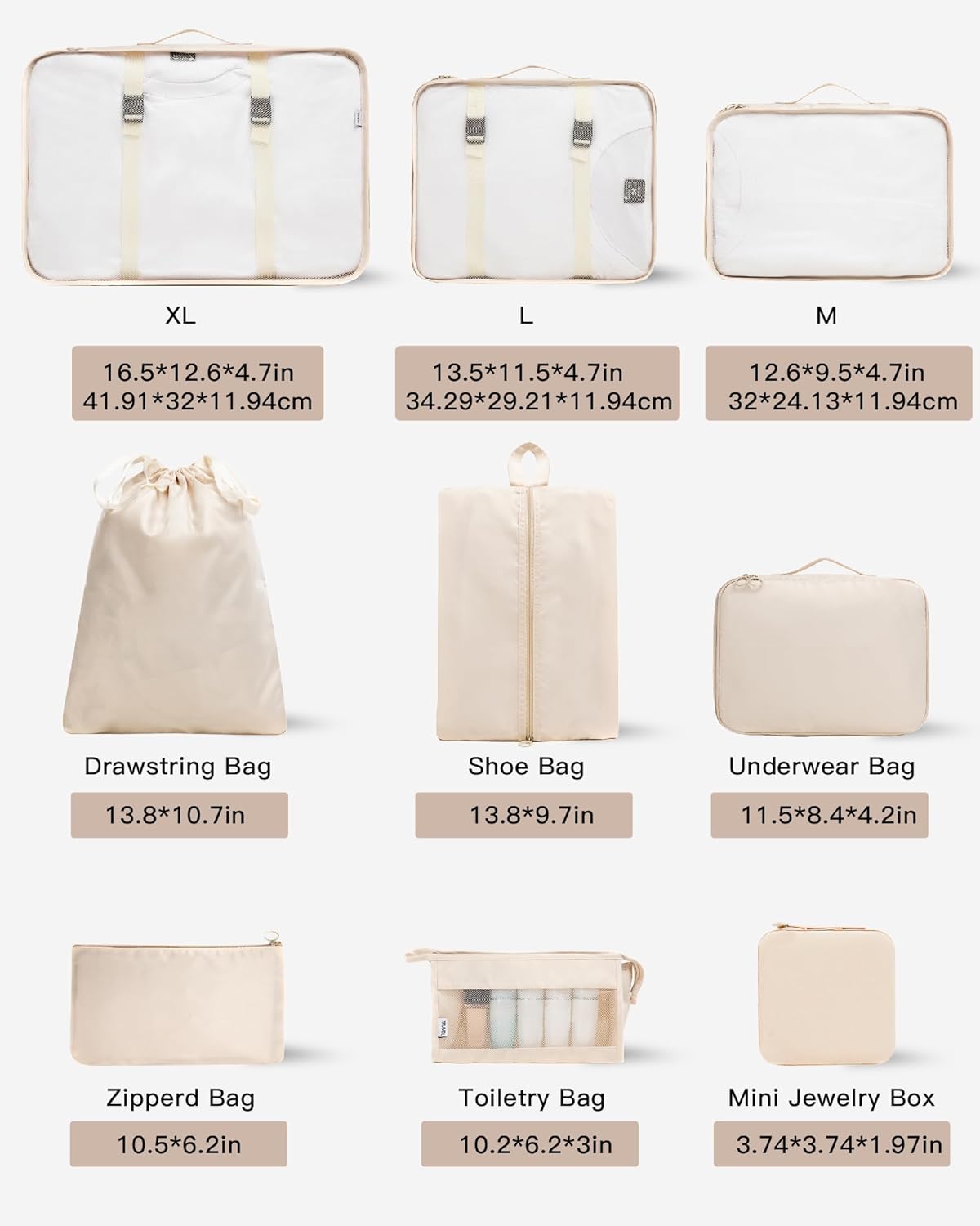 TRAILKICKER 9 Set Packing Cubes for Carry on Suitcase Travel Organizer Bags for Luggage Suitcase Organizer Bags Packing Cube Set for Packing Women Men (Beige) - Image 2