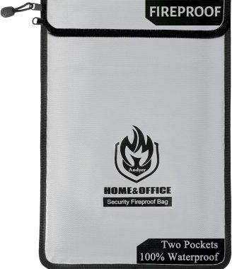 Upgraded Two Pockets Fireproof Document Bag (2000℉), andyer 15”x 11”Waterproof Fireproof Money Bag for Cash with Zipper, Important Document Storage Organizer for Valuables, Legal Documents Safe